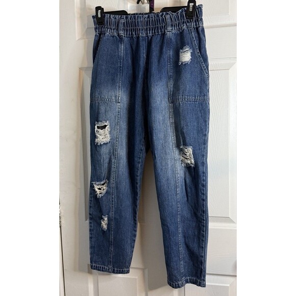 Easel Women’s Distressed White Burch Pull On Jeans Elastic Stretch Waist Sz S - Picture 1 of 7
